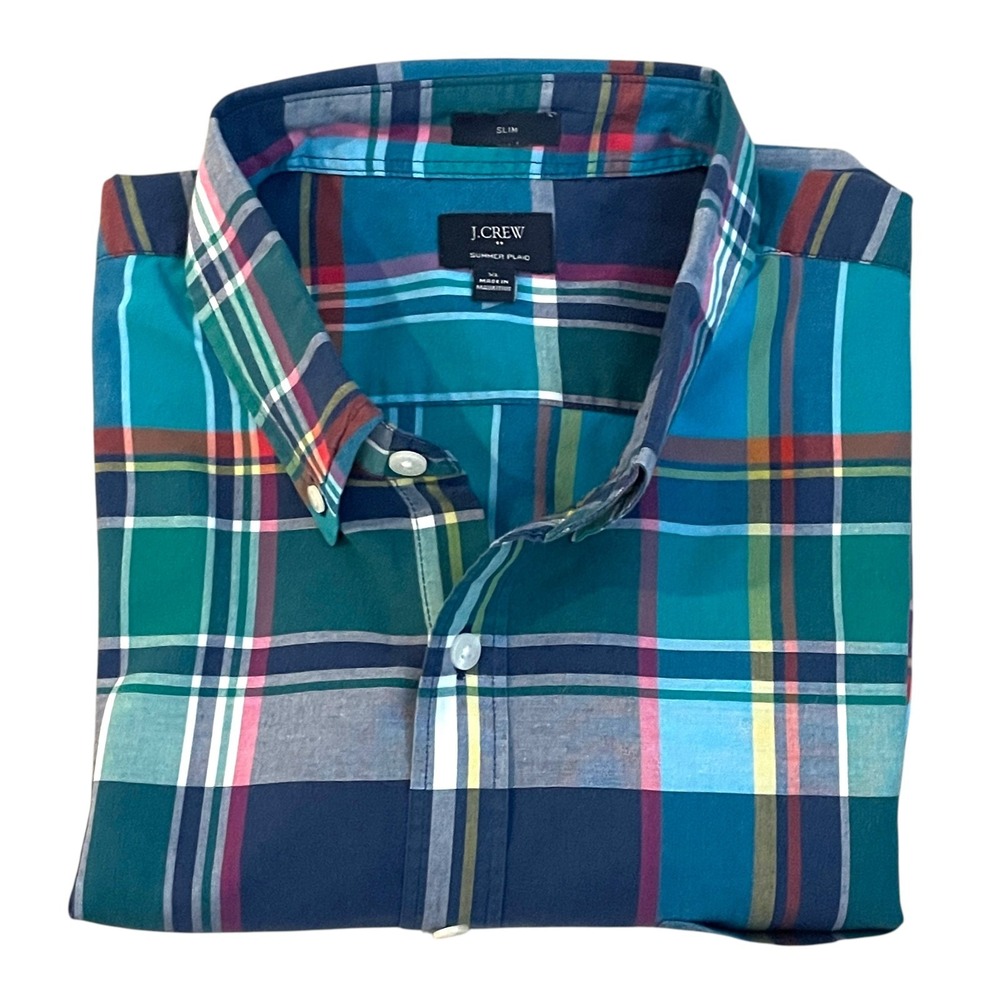 J.Crew Men's XLSlim Summer Plaid Teal Red Blue L/S Shirt Button Down Very Clean